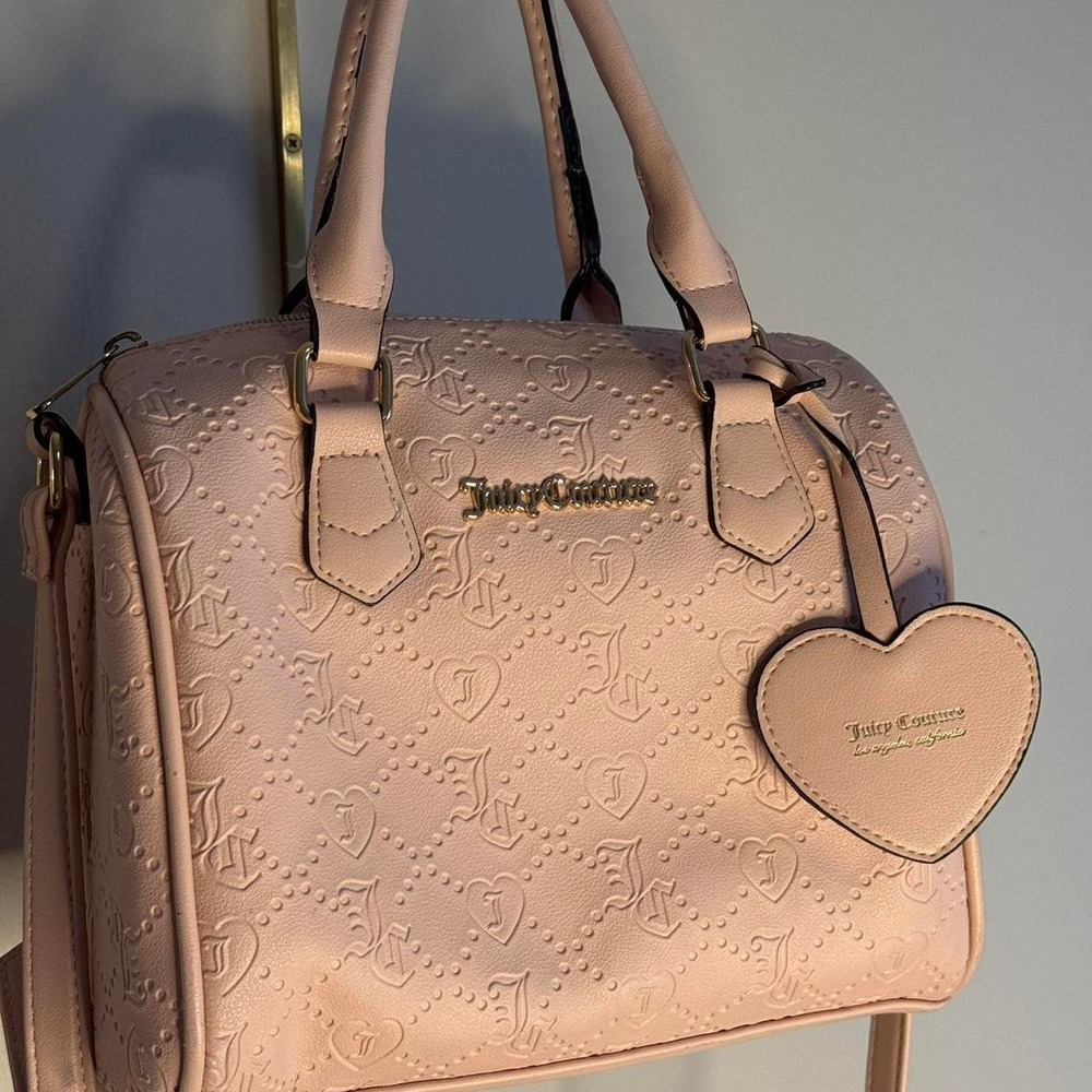Juicy Couture Pink Monogram Embossed Satchel Bag Heart Charm Crossbody Purse
